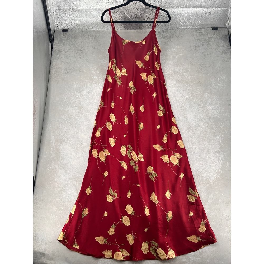 Inclere Burgundy Red Rose Floral Satin Maxi Dress Tie Back 2XL Sleeveless Slip